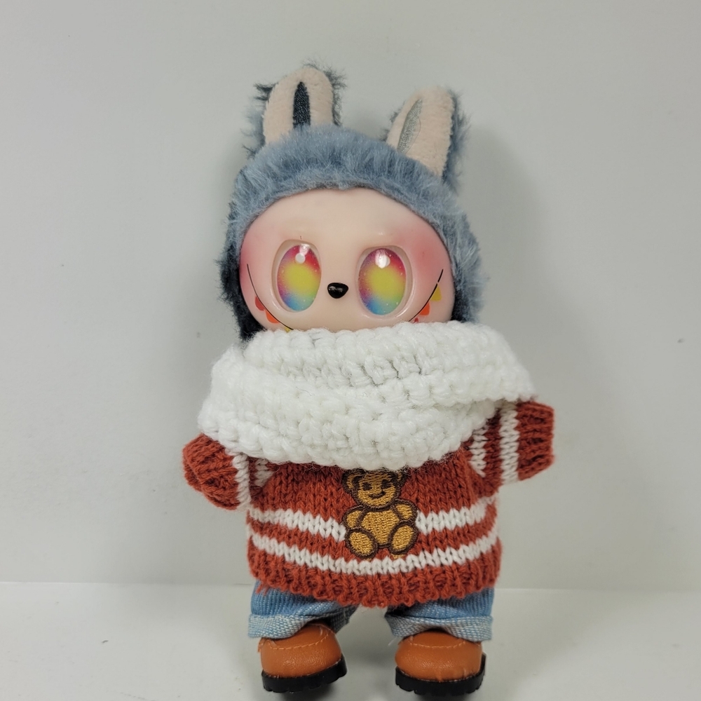 Labubu Bear Sweater, Scarf, Jeans And Shoes.